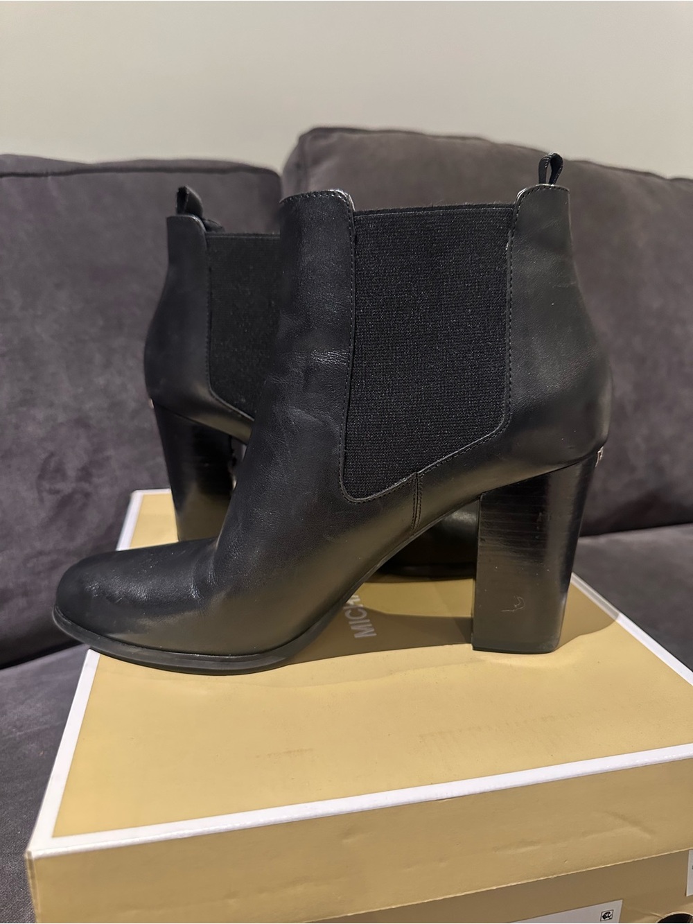 Michael Kors Black Leather Chelsea Booties with Block Heel - Picture 2 of 7
